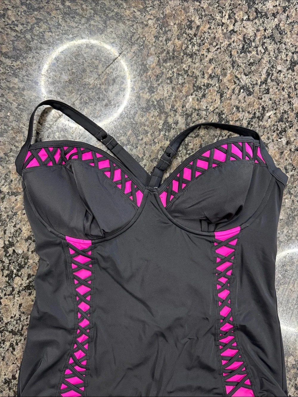 torrid Black One-Piece Swimsuit with Pink Lattice Accents EUC 2X
